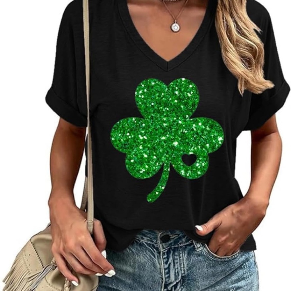 Black V-Neck Tee with Glitter Green Shamrock